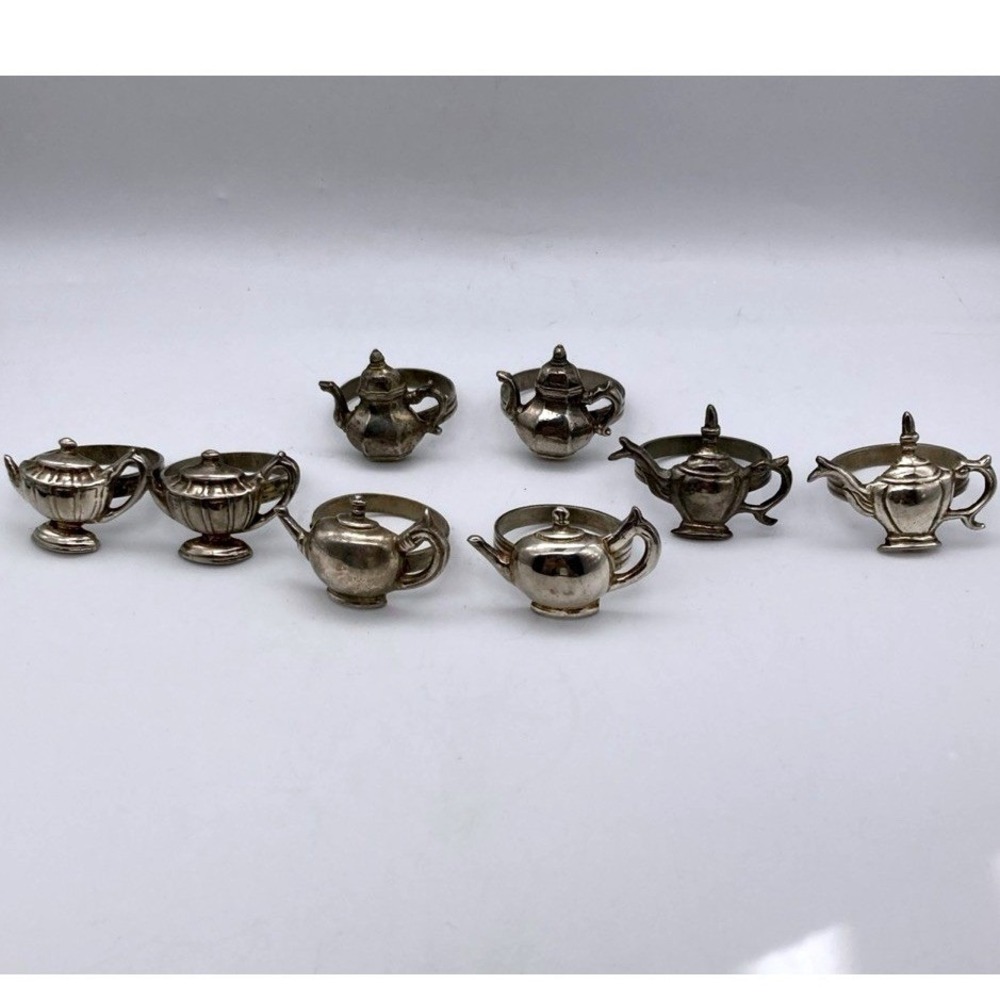 8 Vintage Pewter Miniature Teapot Napkin Holders Assorted Figural Cottagecore